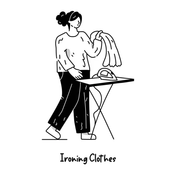 Kıyafetleri Ütüleyen Bir Kadının Vektör Çizimi — Stok Vektör