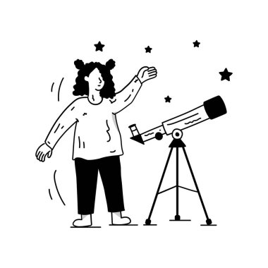 Teleskopu ve yıldızları olan kadın astronot, vektör illüstrasyon grafik tasarımı