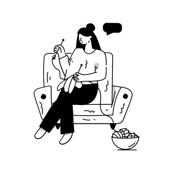 Jovem Mulher Sentada Sofá Tricô Ilustração Vetorial — Vetor de Stock