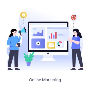 Bilgisayar ve pazarlama vektör illüstrasyonuyla çalışan iş adamları