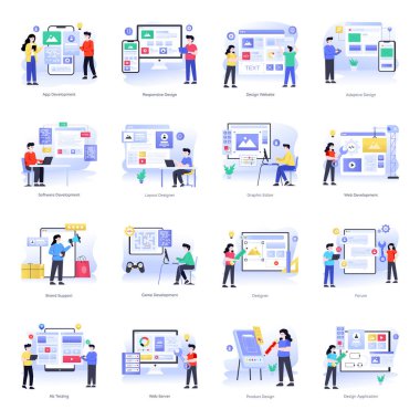 İş yönetimi, pazarlama, insanlar, beyin fırtınası ve diğer vektör illüstrasyonlarına sahip bir dizi düz simge