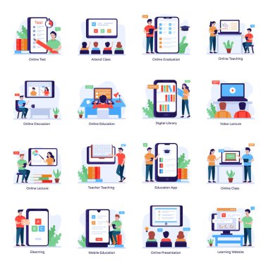 düz tasarım kavramı, çevrimiçi eğitim simgelerinin vektör illüstrasyonu