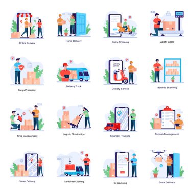 dağıtım konsepti simgeleri ayarlandı, vektör illüstrasyonu