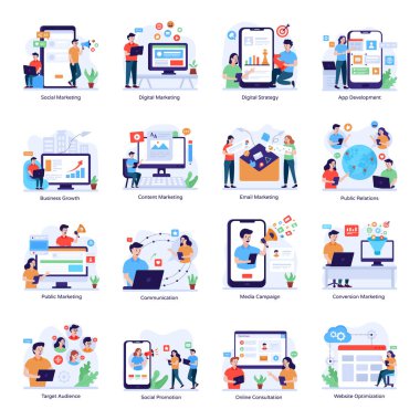 Düz simgeler kümesi, vektör illüstrasyonu