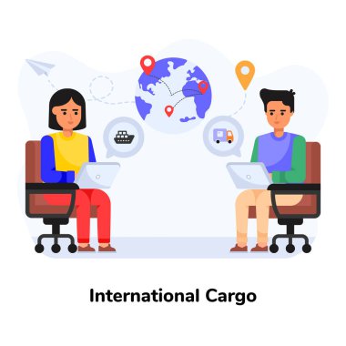 Laptop ve küreyle birlikte çalışan insanlar. vektör illüstrasyonu