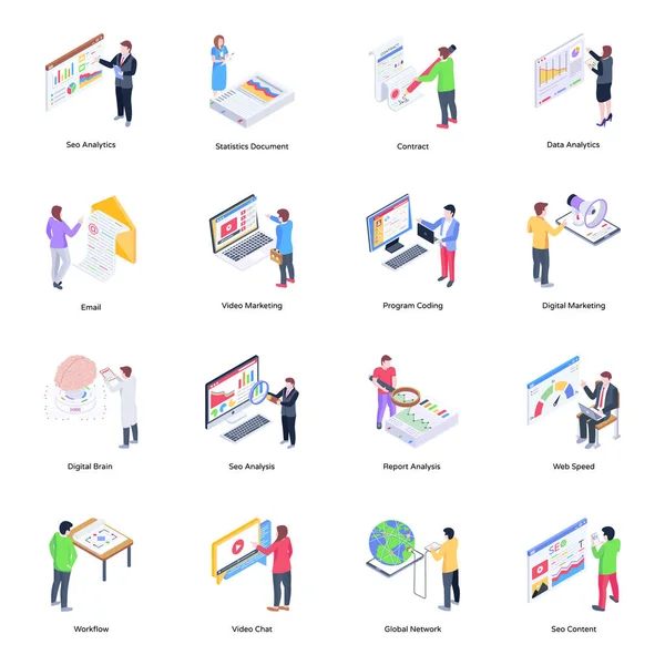 iş ve finans daire simgeleri ayarlandı. Web için izometrik resimleme 25 kişi vektör simgesi