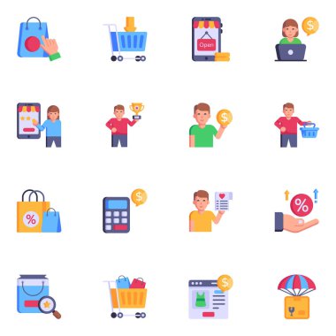 Alışveriş ve ticaret ikonları ayarlandı. düz biçim.