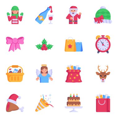 Noel ve yeni yıl ikonları hazır. Web için 25 noel baba vektör simgesinin karikatür çizimi