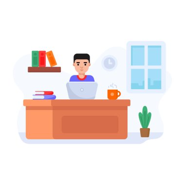 Adam dizüstü bilgisayar ve bir fincan kahve vektörü çizimi üzerinde çalışıyor.