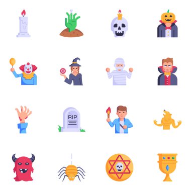 Cadılar Bayramı simgeleri ayarlandı. Web için 9 vektör simgesinin karikatür çizimi