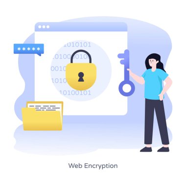 Web Şifreleme karikatürü, vektör illüstrasyonu