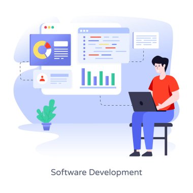 Yazılım Geliştirme karikatürü, vektör illüstrasyonu