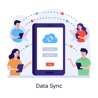 Veri Eşzamanlama karikatürü, vektör illüstrasyonu