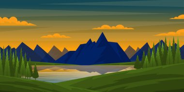 güzel göl manzarası, dağlar, yeşil orman ve gökyüzü, vektör çizimi