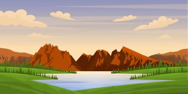 Dağlarda gölü olan güzel bir manzara, vektör illüstrasyonu 