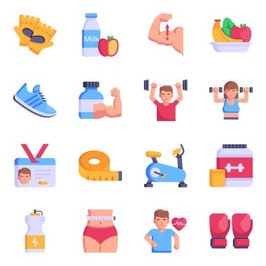 Fitness ve sağlık ikonları ayarlandı. Web için 9 insan vücut vektörü simgesinin karikatür çizimi