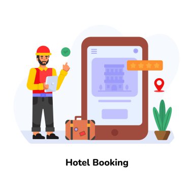 Otel rezervasyon karikatürü, vektör illüstrasyonu