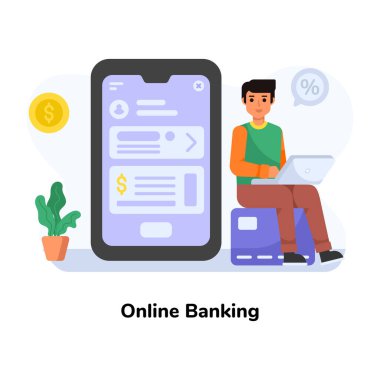 Çevrimiçi Bankacılık karikatürü, vektör illüstrasyonu