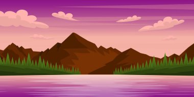 güzel göl manzarası, dağlar ve gökyüzü, vektör çizimi
