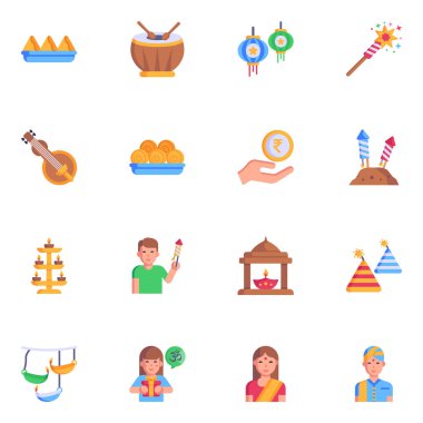 Bir parti grubunun vektör çizimi ve düz simgeler kutlaması.