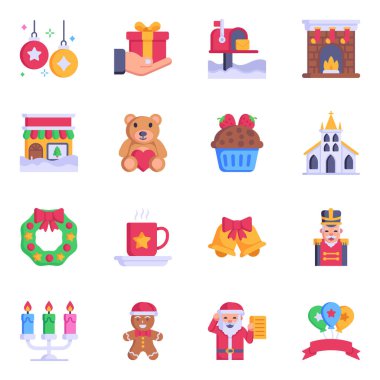 Noel ve yeni yıl ikonları hazır. Web için 25 tatil vektör simgesinin karikatür çizimi