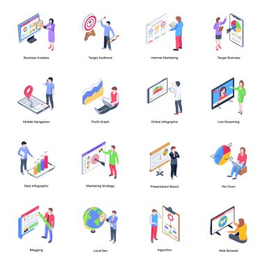 vektör illüstrasyonu, insanların düz tasarımı ve pazarlama simgesi kümesi