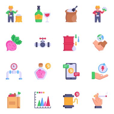 El çizimi elementleri olan düz simgeler. Çeşitli yiyeceklerin vektör çizimi.