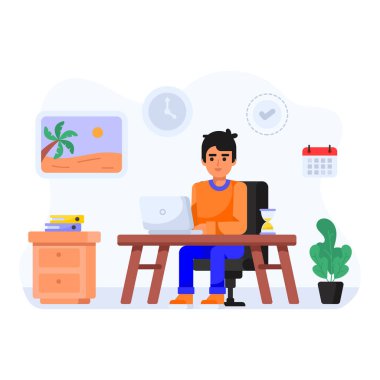 Dizüstü bilgisayarda çalışan genç bir adam. vektör illüstrasyonu