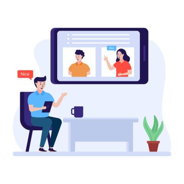 Akıllı telefon ve görüntülü sohbet vektörü illüstrasyonuna sahip birkaç kişi