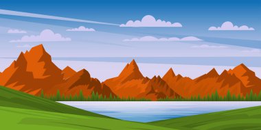 Dağlarda gölü olan güzel bir manzara, vektör illüstrasyonu 