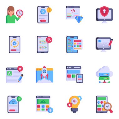 Düz simgeler kümesi, vektör illüstrasyonu