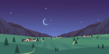 Gece manzarası dağlarla ve yeşil vadideki küçük köyle