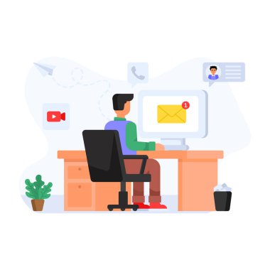 İşadamı dizüstü bilgisayarla çalışıyor ve e-posta çizim tasarımına sahip