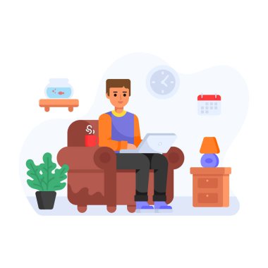 Dizüstü bilgisayarı olan bir adam uzaktan kumandalı koltukta oturuyor ve TV vektör illüstrasyonunu izliyor.