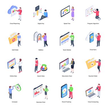 İş yönetimi ve vektör illüstrasyonuna sahip düz simgeler