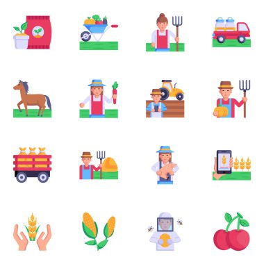 Çiftlik ikonları dizildi. çiftçi çizgi film vektör illüstrasyonu