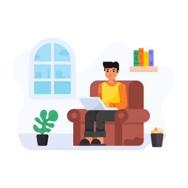 Adam kanepede dizüstü bilgisayar ve kahve fincanı illüstrasyonuyla oturuyor.