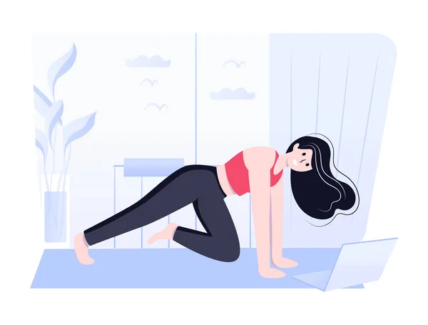 Mujer Haciendo Ejercicios Yoga Con Laptop Ilustración Vectorial — Vector de stock