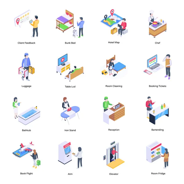 Seyahat ve insan simgeleriyle izometrik düz tasarım kavramı, vektör illüstrasyonu