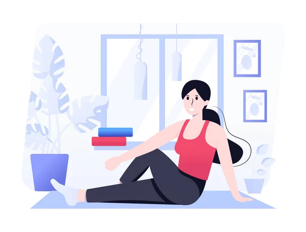 Frau Macht Yoga Übungen Hause Illustration — Stockvektor