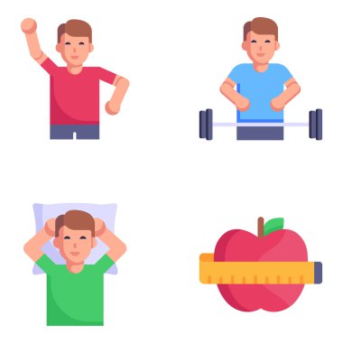 Fitness, spor, sağlıklı yaşam tarzı konsepti. Ağırlık ve sebze taşıyıcı illüstrasyon kaldıran genç adam