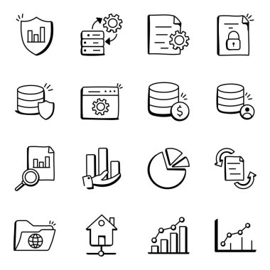 Seo ve finans ikonu kümesinin vektör illüstrasyonu. web için banka ve kripto stok sembolü koleksiyonu.