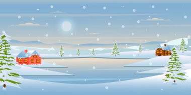 Cennet gibi karlı kış manzarası, vektör illüstrasyonu