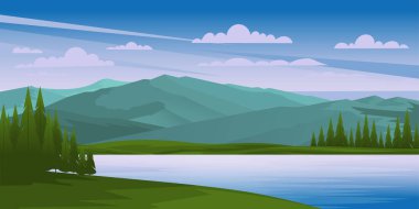 Dağları ve gölü olan resimsel dağlık arazi, vektör illüstrasyonu