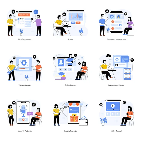 İş adamları dizüstü bilgisayarlar ve simgelerle birlikte çalışıyor. vektör illüstrasyonu