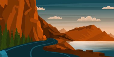 Nehir ve yollu dağ manzarasının çizimi