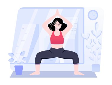 Kadın, spor salonu vektör illüstrasyon tasarımında yoga yapıyor.