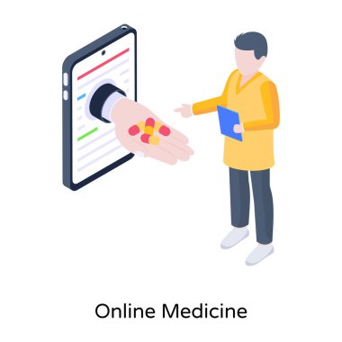 Çevrimiçi Tıp karikatürü, vektör illüstrasyonu