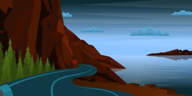 Dağ yolu ve alp gölüyle gün batımı manzarası