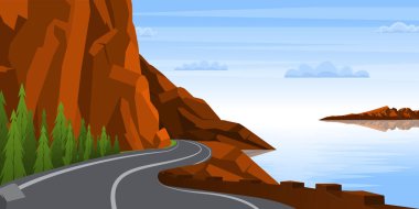 Nehir ve yollu dağ manzarasının çizimi